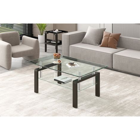 Table basse en verre de sécurité transparent, 2 niveaux, 100 x 60 x 44 cm, OKMYHOME (1/5)