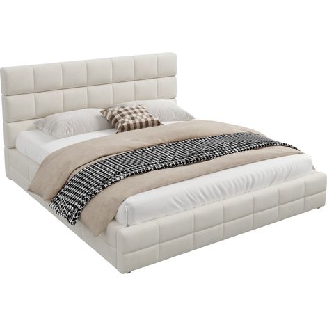 Polsterbett Doppelbett 180 x 200 cm aus Samt mit Kopfteil, ohne Matratze, Beige (1/5)
