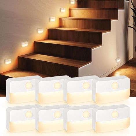 Lot de 8 lampes LED à détecteur de mouvement – Sans fil – Piles incluses – Pour escaliers, couloirs, chambres – Éclairage nocturne automatique