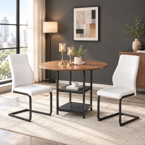 Ensemble table et chaises, table ronde 107 x 75 cm en MDF bois foncé, métal noir, 2 chaises blanches en cuir régénéré avec rangements – de FLORAGRACE (1/5)