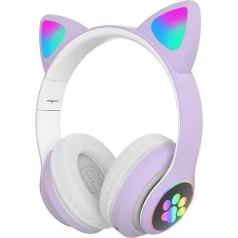 Casque Bluetooth pour enfants - Oreilles de chat mignonnes - Circum-aural - Lumières LED multicolores - Stéréo - Violet (1/5)
