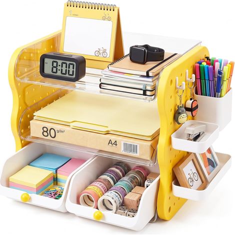 Organisateur de bureau 3 niveaux en acrylique avec 2 tiroirs et panneaux perforés, bacs courrier format lettre, jaune (1/5)