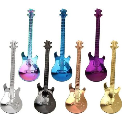 Juego de siete cucharillas de acero inoxidable con forma de guitarra para postres y yogur, un accesorio de mesa para té y café - Crezuo