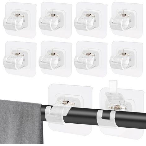 10 Pieces Curtain Rod Holders No Drilling, Transparent Self Adhesive Curtain Rod Holders, Improved Curtain Holder, No Drilling Curtain Rod Holder Hooks for Home, Bathroom (1/5)