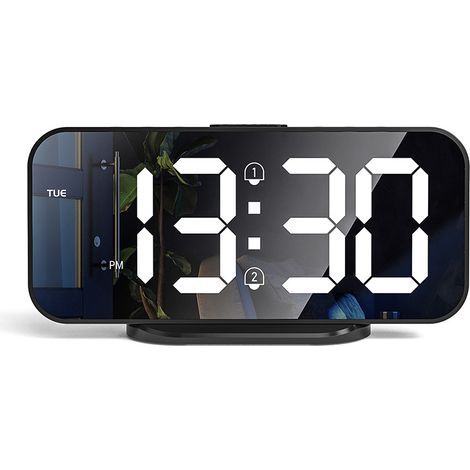 Réveil numérique à LED avec double alarme Réveil matinal avec fonction snooze Horloge de chevet miroir Décoration de chambre Horloge numérique alimentée par USB (1/4)