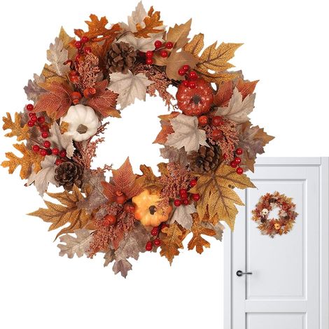 Couronne de Porte d'Automne Couronne Récolte Feuilles d'Érable pour Porte 50 cm Décoration Artificielle Extérieur Intérieur avec Crochet pour Jardin Appartement Ferme Hôtel (1/5)
