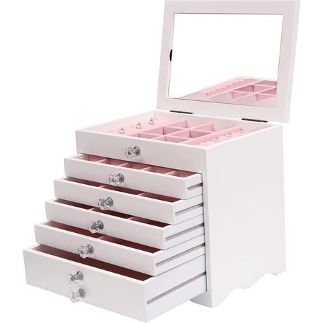 Boîte à bijoux en bois pour femme avec miroir, Grande boîte à bijoux avec couvercle en verre, 7 niveaux, 5 tiroirs, Organiseur de bijoux, Tiroir, Boîte à bijoux pour Boucles d'oreilles, Colliers (1/5)