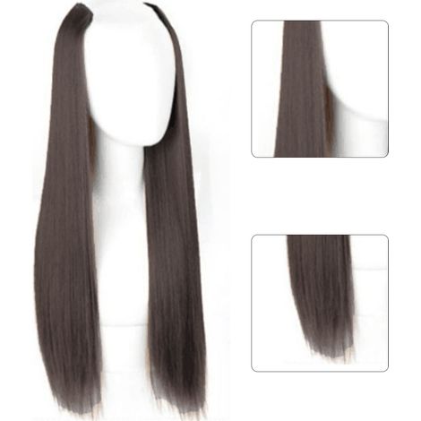 Perruque synthétique invisible femme, pièce U sans marque, brun noir, raie naturelle, 60cm / 23,6in, extension capillaire universelle, droite, discrète. (1/5)