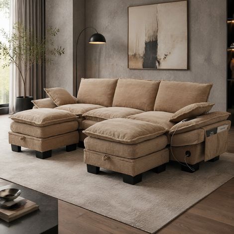Divano 260/132/84 cm color cachi in corduroy con pouf, USB-C e tasche laterali (1/5)