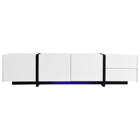 Meuble TV bas blanc laqué pieds noirs portes tiroirs design