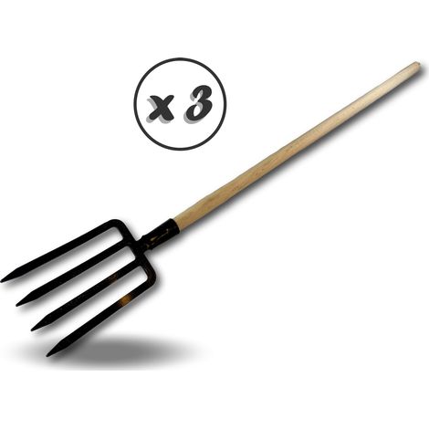 Fourche à bêche 4 dents larges Manche de 120 cm en bois Tête en acier forgé - Quantité x 3 - Fourche bêche 4 dents larges