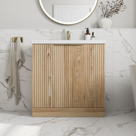 Fluted 800mm Bathroom Vanity Unit Basin Floorstanding Cupboard Soft Close Oak (1/5)