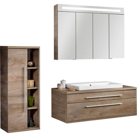 Fackelmann STANFORD Badmöbel Set 4-teilig, 110 cm breit, Braun, Keramik+Spiegelschrank+Midischrank"-"90339145 (1/2)