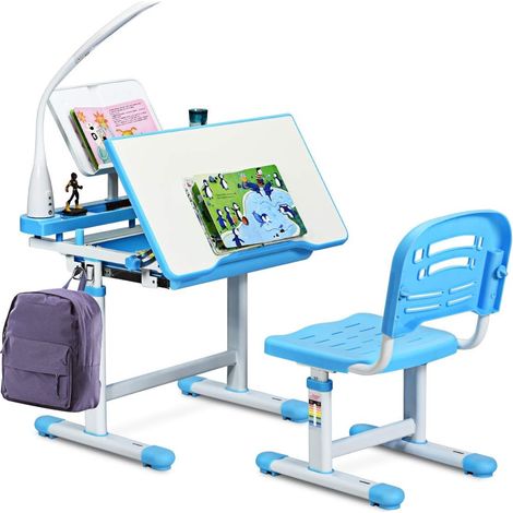 COSTWAY Escritorio para Niños con Lámpara Silla Mesa de Dibujar Lectura para Infantil Ángulo y Altura Ajustable Azul (1/5)