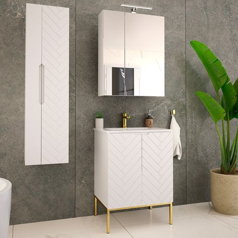 Ensemble meuble simple vasque encastrée 60cm et colonne Blanc 2 portes sur pieds Daria Blanc (1/5)