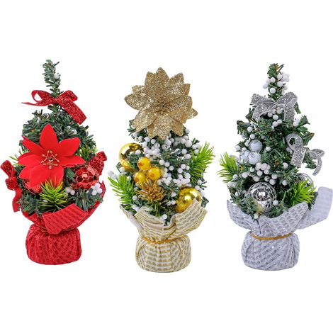 Mini sapins de Noël, lot de 3, décoration de table : petits sapins décorés de boules pour la maison ou le bureau (1/5)