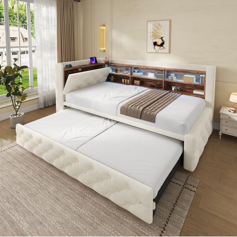 Divano letto 90x190 cm con letto estraibile 90x190 cm, LED, USB, vano contenitore e rete a doghe, velluto beige (1/5)