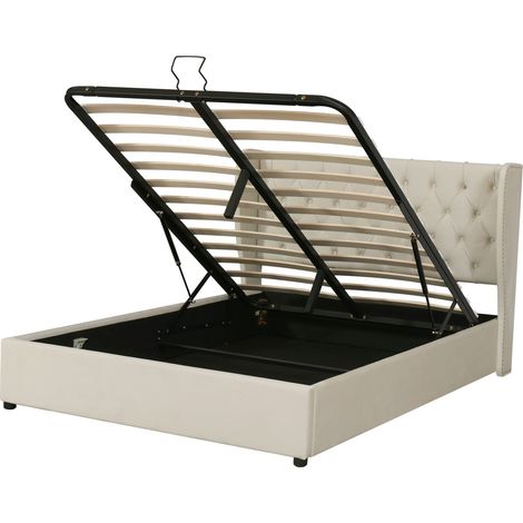 Cama con canapé 160x200 de terciopelo beige con cabecero capitoné (1/5)