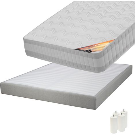 TAHITI - Pack Matelas 140x190 + Sommier Tapissier Démontable 2x20 Lattes Lin + Pieds Blancs 15cm (1/5)