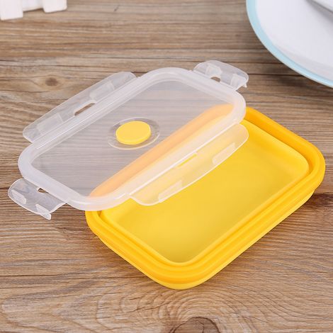 Gelbe, faltbare Silikon-Lunchbox (500 ml), wiederverwendbare, tragbare Schüssel, faltbarer Lebensmittelbehälter für die Lunchbox, luftdichter Deckel, ideal für Reisen und Camping. (1/5)