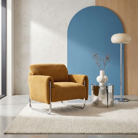 Fauteuil vintage velours côtelé armature chromée moutarde - Vintage (1/5)