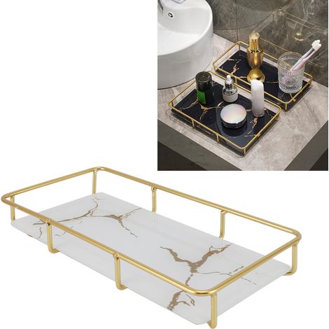 Étagère de rangement pour cosmétiques de salle de bain, plateau carré, blanc, motif doré, petite taille (1/5)