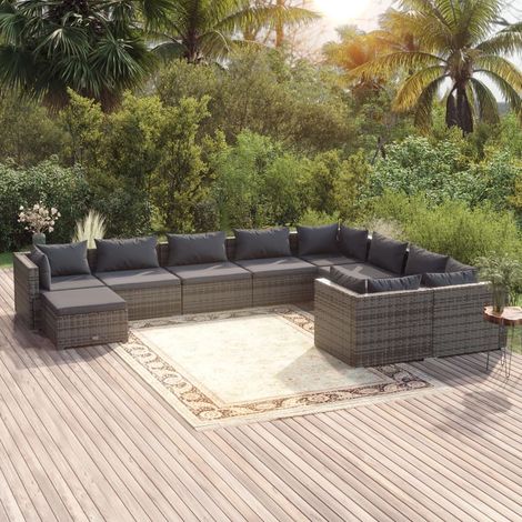 10-tlg. Garten-Lounge-Set mit Kissen Poly Rattan Grau (1/5)