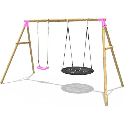 Rebo Wooden Garden Swing Set with Standard and Large Nest Swings - Meteorite Pink