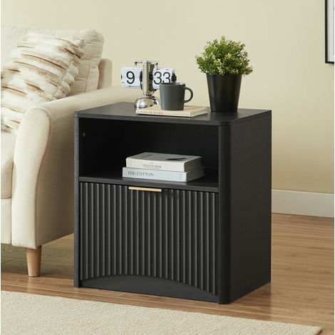 Table de chevet 58x38x60 cm noire, rangement ouvert et tiroir, en panneaux de particules, MEUBLIV (1/5)