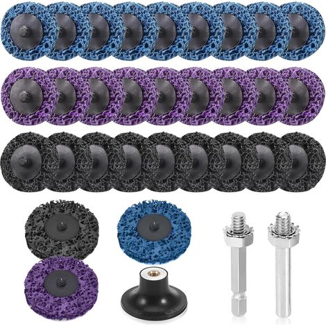 Juego de 30 discos abrasivos para taladro, 50 mm (2") - 3 colores (negro, azul, morado) para eliminar óxido y pulir - con 2 varillas de montaje (1/5)