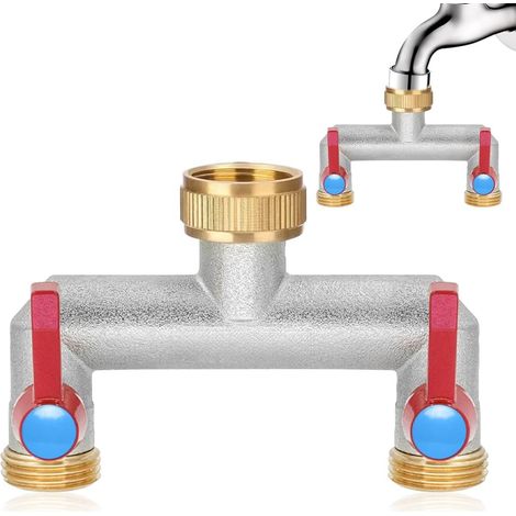 Robinet Double Sortie 3/4", Répartiteur d'eau 2 Voies adaptateur de robinet Connecteur de Robinet débit d'eau réglable et verrouillable pour Maison, Jardin (1/5)