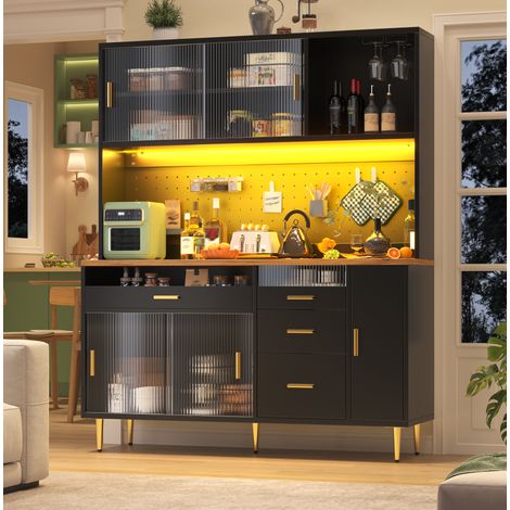 Aparador alto con LED, puertas correderas de cristal, 145 x 39 x 171 cm, negro, HAVRYA (1/5)
