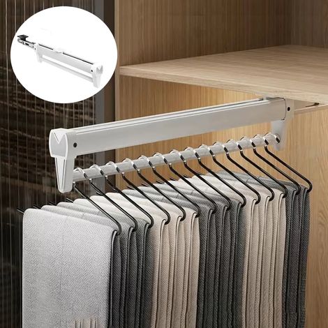 Tringle à vêtements, porte-pantalons avec 12 cintres, tiroir coulissant pour pantalons, extension partielle de 35 cm, tringle de penderie avec rail coulissant silencieux, cintres extensibles (1/5)