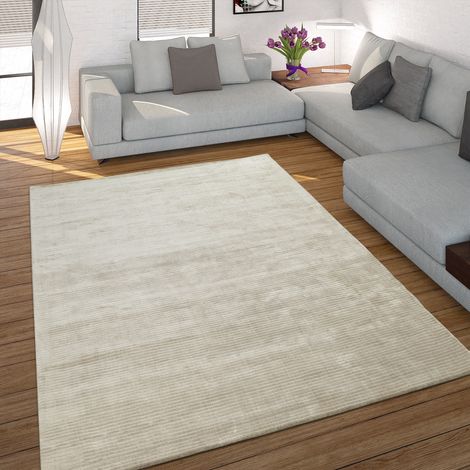 Paco Home Tappeto Realizzato A Mano Pregiato 100% Viscosa Effetto Velluto Vintage Tinta Unita Crema Brillante 80x150 cm