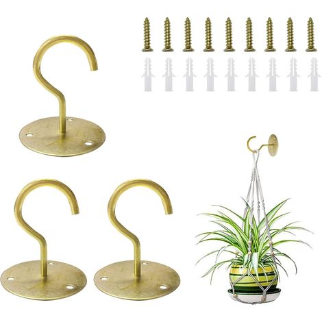 Paquete de 3 maceteros para colgar en el techo, ganchos de pared de metal con tornillos y anclajes para colgar cestas de plantas, linternas, campanillas de viento, comedero para pájaros (dorado) Ulise (1/5)