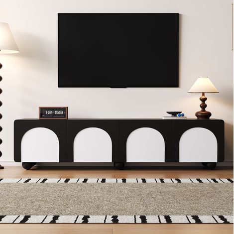 Mobile TV 180x38x45 cm in MDF nero e bianco con 2 cassetti, 2 ante e gambe tonde (1/5)