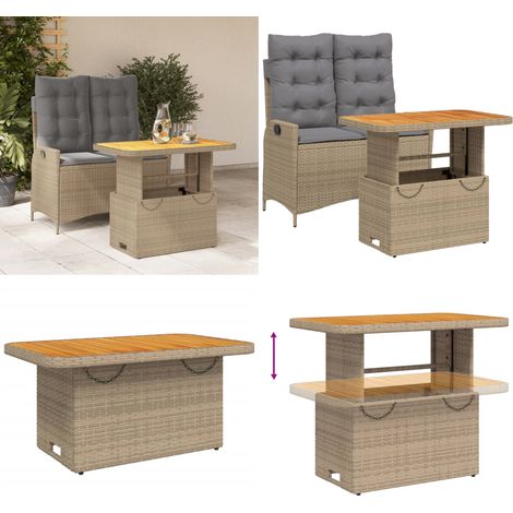 Set comedor de jardín 2 pzas con cojines ratán sintético beige - Banco de jardín - Mesa de jardín