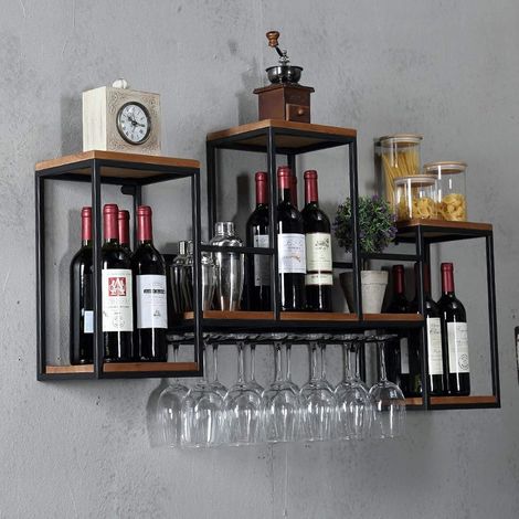 Portabottiglie da parete in legno, Cestello Cantinetta con supporto per bicchieri da vino, in metallo, montaggio a parete, fino a 30 kg, 106 x 20 x 55 cm
