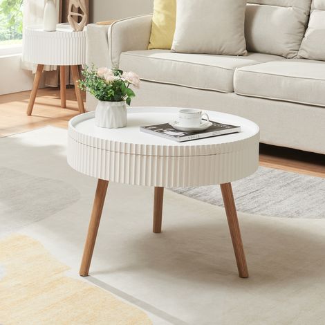 Tavolino Basso Bongard Contenitore con Piano Rotondo Rimovibile - Bianco [en.casa]
