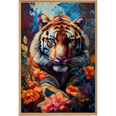 Tableau mural encadré tigre coloré 65x97 cm - Tableau Mural Décoratif - Image Encadrée Imprimée en HD - Impression 65x97 cm sur Fibres de Bois FSC - Finition Mate - Fabriqué en France (1/5)