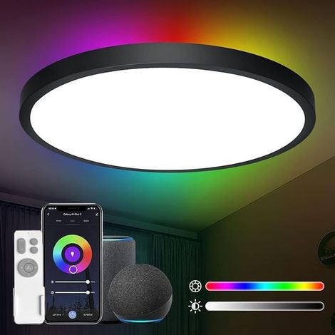 Antenlicht-Plafonnier LED Rond 24W Noir,RGB 4W,3000K-6000K,WiFi,Compatible Alexa/Google Home,16 Millions de Couleurs,Télécommande,APP,pour Salon Chambre [Classe F] (1/5)