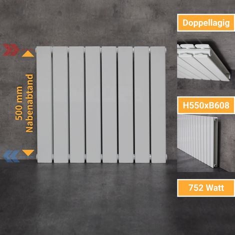WITEN&NOCK Designheizkörper Austauschheizkörper mit seitlichen Anschlüssen NA 500 mm Flachheizkörper weiß 752 Watt Doppellagig 550x604 mm