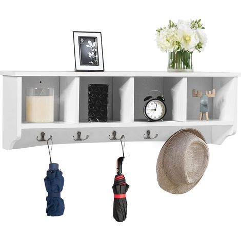 GOPLUS Étagère Murale avec 4 Compartiments Ouverts et 5 Crochets à Double Tête, Étagère Suspendue pour Chambre/Entrée/Salle de Bain/Cuisine, Style Moderne et Élégant (Blanc) (1/5)
