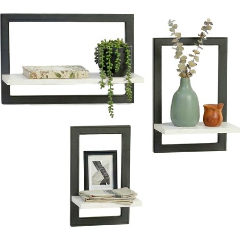 Relaxdays mensole a parete, set 3, metallo e MDF, 3 misure, sospese per quadri e decori, soggiorno, bianco/nero