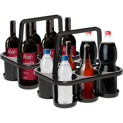 Lot de 2 Porte-bouteilles, Plastique Anthracite, 6 Bouteilles, Empilable, Poignée, Cuisine Cave