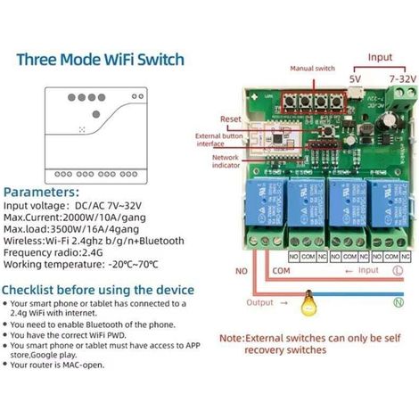 Interrupteur intelligent 4 canaux Wi-Fi Bluetooth sans fil, module relais à contact sec, télécommande APP 7-32 V (1/4)