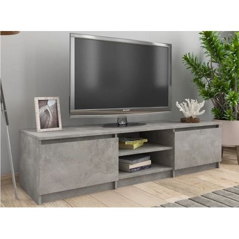 Meuble TV 2 portes 2 niches bois effet béton Cyna 140cm (1/4)