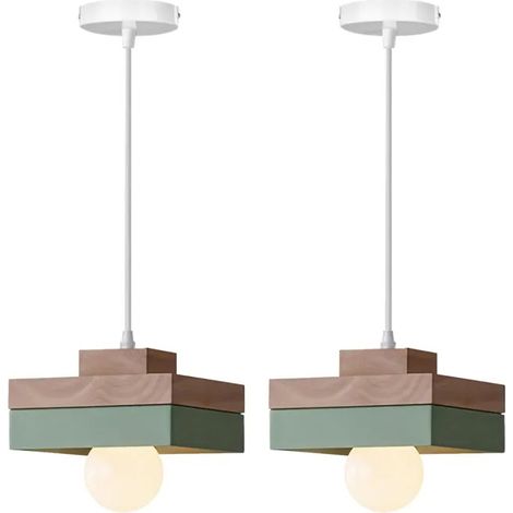 2pcs Lustre Suspension Moderne 18cm,Vintage Suspension Luminaire Industriel Abat-jour en Bois Design Carre E27 Plafonnier,Vert (1/5)