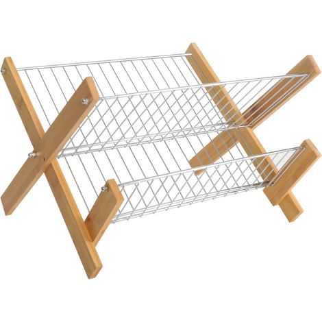 Escurreplatos plegable de bambú metálico, accesorio decorativo para utensilios de cocina, 26 x 38 x 33 cm, color natural (1/5)