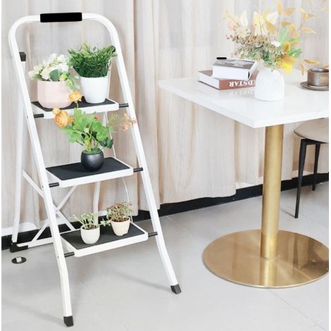 Escalera plegable de 3 peldaños con pasamanos, acero y ABS, blanco y negro DESVIAE (1/5)